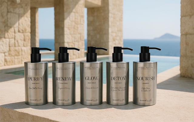 Jabón facial hidratante de Seaskin, 100% orgánico y artesanal, con Miel, Aceites y Propóleos sobre una piedra y fondo beige Línea de 5 productos de cuidado corporal y capilar (Purify, Renew, Glow, Detox, Nourish) en botellas de aluminio con dispensador negro. Escenario de resort de lujo con piscina y mar de fondo.