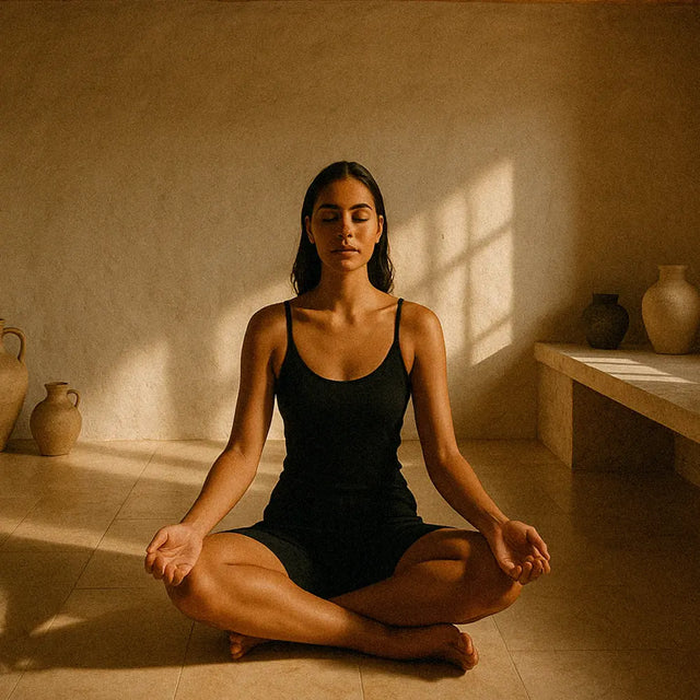 Mujer joven sentada en posición de loto practicando meditación en una habitación minimalista con luz cálida natural, paredes de tono neutro y jarrones decorativos de cerámica. Mujer joven sentada en posición de loto practicando meditación en una habitación minimalista con luz cálida natural, paredes de tono neutro y jarrones decorativos de cerámica.
