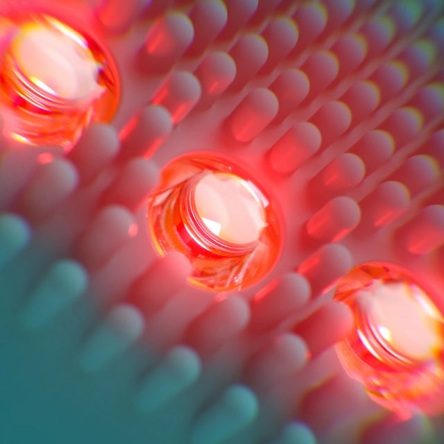 Detalle de un dispositivo de limpieza o masaje facial, mostrando los cabezales de silicona o cerdas iluminadas con luz de terapia de color rojo.