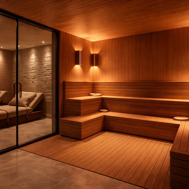 Interior de una sauna de madera iluminada cálidamente, con bancos escalonados y una zona de relajación visible a través de una puerta de cristal. Interior de una sauna de madera iluminada cálidamente, con bancos escalonados y una zona de relajación visible a través de una puerta de cristal.