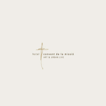Logotipo minimalista del Hotel Convent de la Missió, con un símbolo de cruz o monograma estilizado.