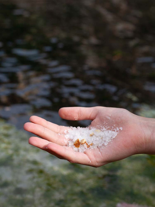 Mano sosteniendo sal marina frente a un agua cristalina, simbolizando pureza y origen natural. Mano sosteniendo sal marina frente a un agua cristalina, simbolizando pureza y origen natural.