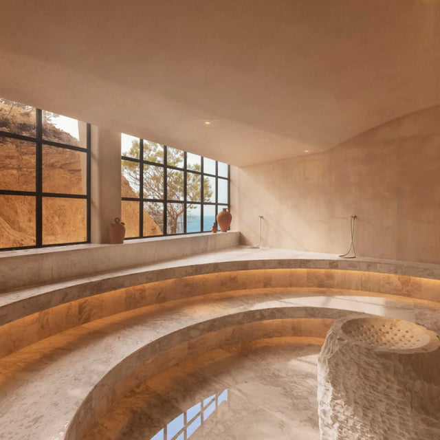 Sala de spa interior con gradas de mármol iluminadas, gran ventanal con vistas al mar y acantilado, y fuente central de piedra tallada Sala de spa interior con gradas de mármol iluminadas, gran ventanal con vistas al mar y acantilado, y fuente central de piedra tallada