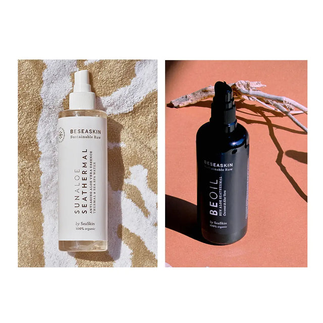 Envases de bruma facial energizante, y aceite facial y corporal regenerante, ambos de la gama SunAloe Seathermal de Beseaskin y 100% orgánicos.