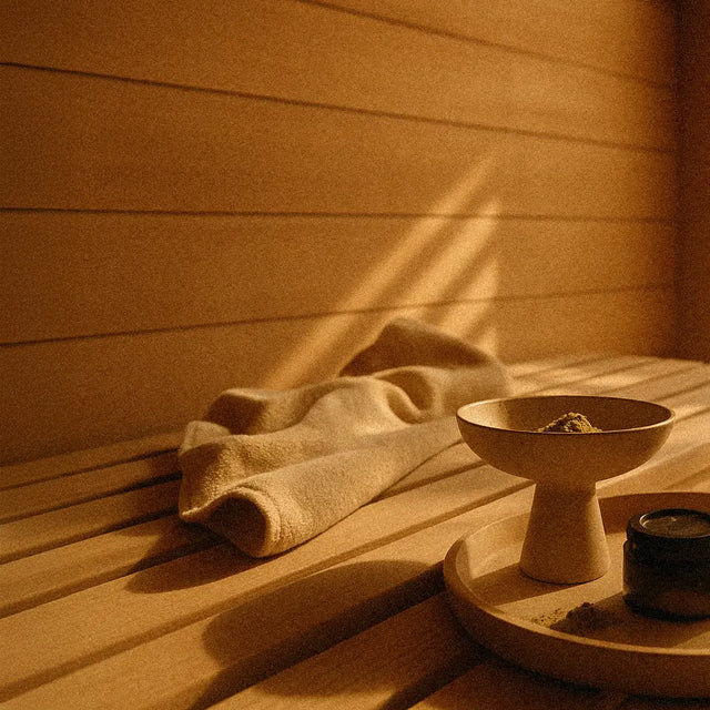 Interior de sauna de madera con luz natural suave, una toalla doblada y una bandeja con cuenco y frascos de producto de spa.