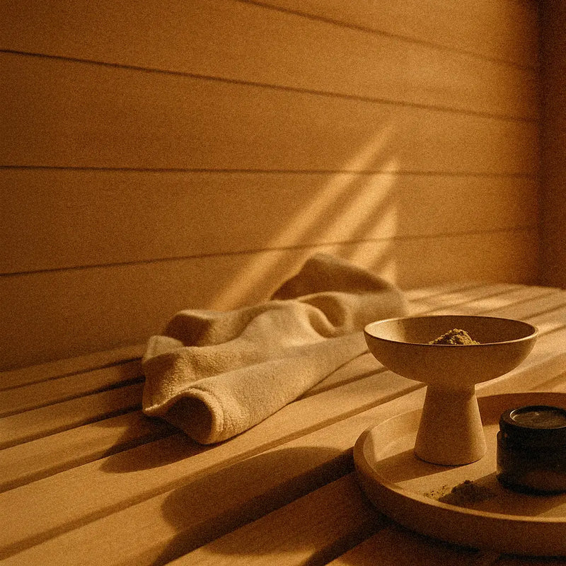 Interior de sauna de madera con luz natural suave, una toalla doblada y una bandeja con cuenco y frascos de producto de spa.