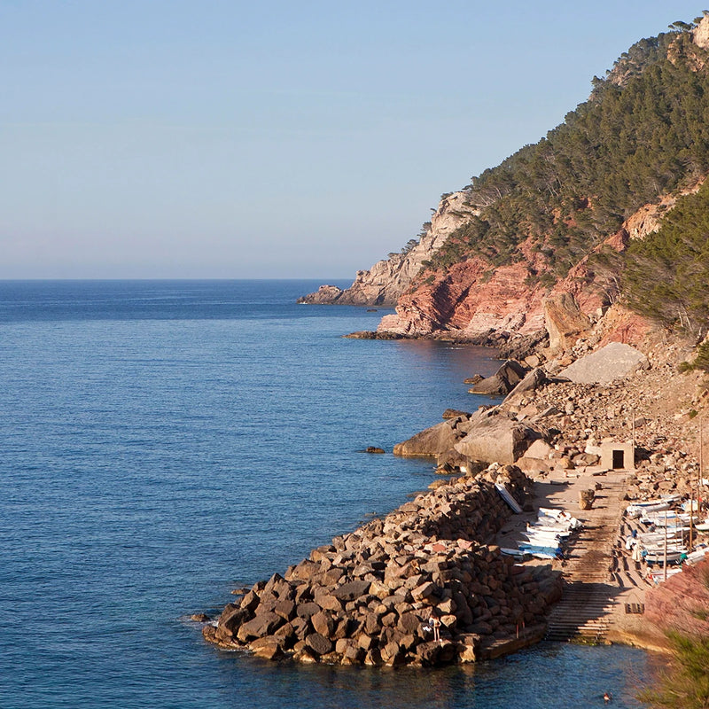 Vista panorámica de la costa rocosa de Mallorca con acantilados cubiertos de pinos y pequeñas barcas junto al mar Mediterráneo.