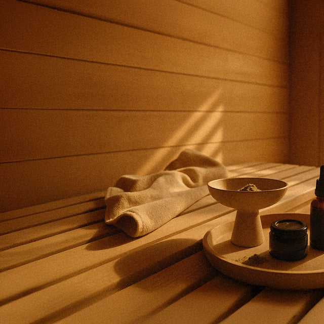Interior de una sauna de madera iluminada cálidamente con una toalla y productos de spa colocados sobre un banco.