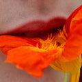 Primer plano de labios con labial mate color rojo anaranjado tocando pétalos de una flor naranja brillante. Representa cosméticos naturales, maquillaje labios vibrante o ingredientes florales para la piel.